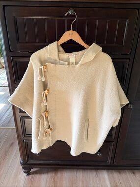 Free People Cream Hooded Bouclé Cape with Toggle Details